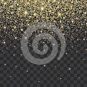 Golden glitter sparkle on a transparent background. Gold Vibrant background with twinkle lights. Vector illustration