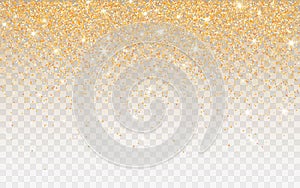 Golden glitter sparkle on a transparent background. Gold Vibrant background with twinkle lights. Vector illustration