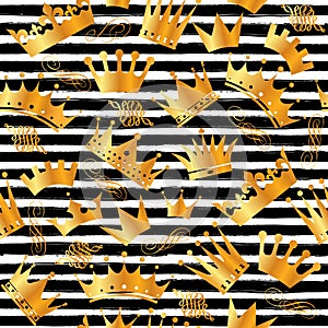 Golden glitter texture with hand draw black lines seamless pattern in gold style. Celebration metallic background.