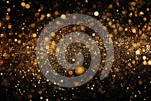 golden glitter vintage lights background. gold and black. de focused, Festive golden glittering background in the dark night, AI