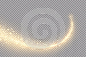 Golden glitter wave of comet trace with shiny glare effect Vector abstract gold flare or sparkling particles on premium background