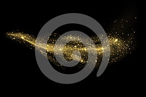 Golden glitter wave of comet trace with shiny glare effect Vector abstract gold flare or sparkling particles on premium background