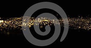Golden glitter wave, shining particles and glowing sparkles wave flow. Gold glittering sparks, shimmering light flow wave on black