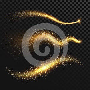 Golden glittering dust tails. Shimmering gold waves with sparkles vector set