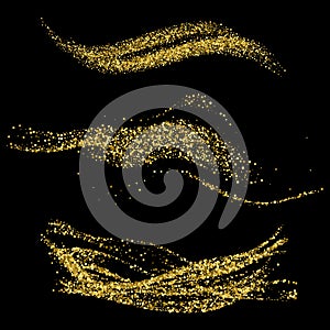 Golden glittering dust tails. Shimmering gold waves with sparkles vector set. Glow wave light, glitter sparkle golden