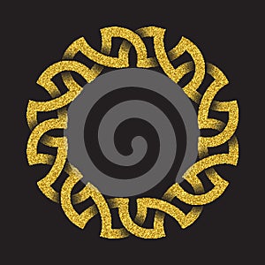 Golden glittering logo symbol in Celtic style on black background. Tribal symbol in circular frame form. Gold stamp for jewelry