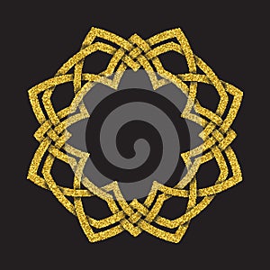 Golden glittering logo template in Celtic knots style on black background. Symbol in cruciform frame form photo