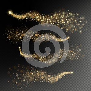 Golden glittering magic star trail with shimmer particles isolated on transparent background. Sparkle magic fairy