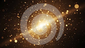 Golden Glittering Particles Exploding from Bright Light Source on Dark Background sparkle