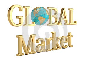 Golden global market word isolated on white background 3D illustration