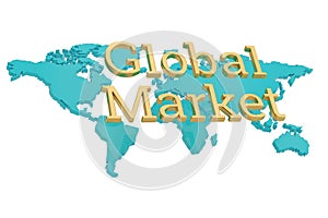 Golden global market word and world map isolated on white background 3D illustration