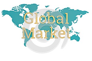 Golden global market word and world map isolated on white background 3D illustration