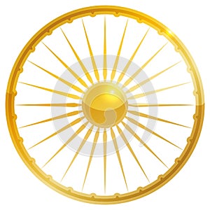 Golden and glossy Ashoka Chakra wheel over white background, Vector illustration