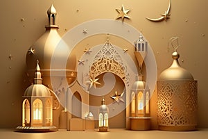 Golden glossy luxury gold ornate Arabic lanterns, generative AI