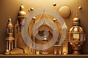 Golden glossy luxury gold ornate Arabic lanterns, generative AI