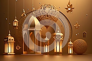 Golden glossy luxury gold ornate Arabic lanterns, generative AI