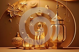 Golden glossy luxury gold ornate Arabic lanterns, generative AI