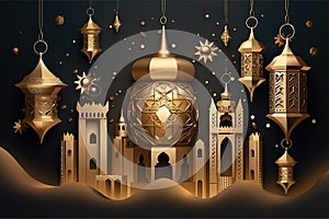 Golden glossy luxury gold ornate Arabic lanterns, generative AI