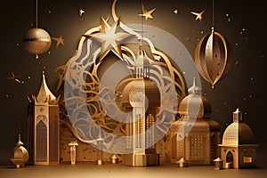 Golden glossy luxury gold ornate Arabic lanterns, generative AI