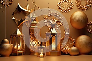 Golden glossy luxury gold ornate Arabic lanterns, generative AI