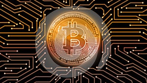 Golden glow digital bitcoin on isolated computer printed circuit board. For crypto market exchange promotion, news