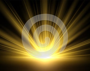 Golden glow of sun rays. Yellow light isolated on black background. Golden bright sunlight, transparent starburst