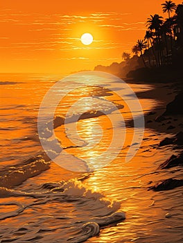 Golden Glow: A Tropical Evening at Sunset Beach - Illustrated Wa