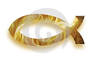 Golden glowing christian fish ichthys symbol with drop shadow