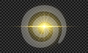 Golden glowing light. Gold glow flash with sparcle. Vector sunrise effect. Realistic shiny beam set