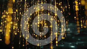 Golden glowing binary code streaming digital data