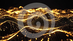 Golden glowing particle waves showing data visualization network