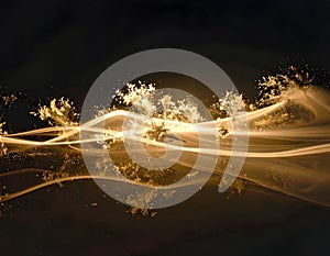 Golden glowing particles flowing in darkness.
