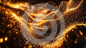 Golden glowing plexus network forming waves of digital data