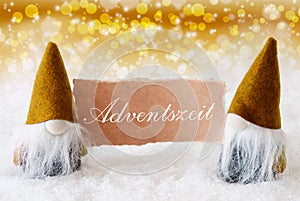 Golden Gnomes With Card, Adventszeit Means Advent Season