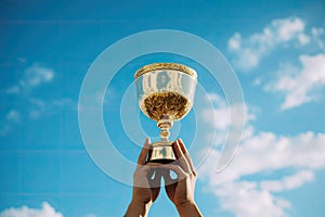 The golden goblet is raised high with hands against the sky