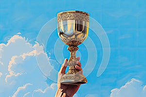 The golden goblet is raised high with hands against the sky