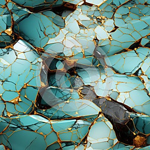 Golden Gold And Turquoise 3d Broken Surface With Crystalline And Geological Forms