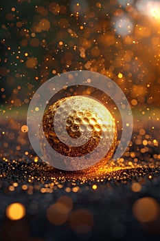 The golden golf ball lies on the lawn at sunset - the ultimate victory of golf