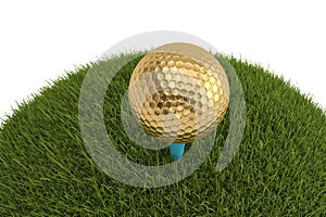 A golden golf ball on tee in grass isolated on white background.