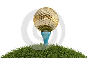 A golden golf ball on tee in grass isolated on white background.