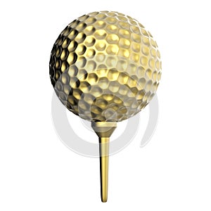 Golden golf ball on tee isolated on white