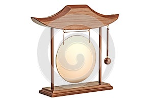 Golden gong hanging in a frame, 3D rendering