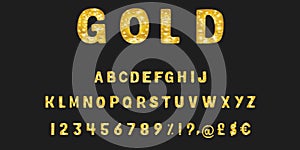 Golden gradient alphabet. Luxury and glossy bold abc set of letters, numbers and symbols for logos, badges, invitation, cards, pos