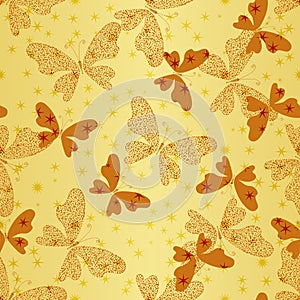 Golden gradient seamless pattern with butterflies and stars