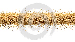 Golden grains of sand create a horizontal seamless pattern. Isolated on a white background. 3D rendering