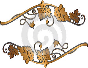 Golden grape branches with bunch of grapes and leaves. Winery design element