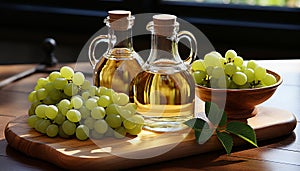 Golden grape oil in glass pitchers with fresh grapes on a wooden board