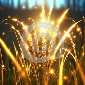 Golden grass with lens flare effect on dark background. 3d rendering AI Generated