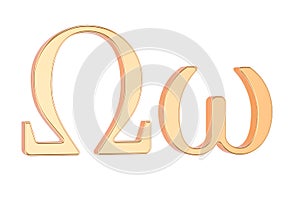 Golden Greek letter Omega, 3D rendering