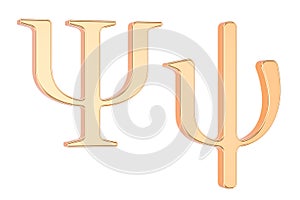 Golden Greek letter psi, 3D rendering